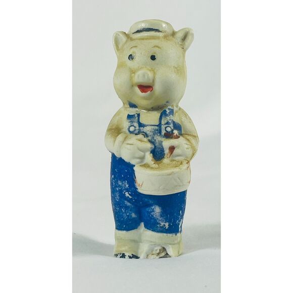 Vintage Pig Three Little Pigs Drummer Porcelain Imperfect Japan - Picture 1 of 9
